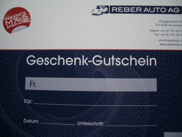 Mazda MX-5 Geschenkgutschein im Wert von CHF 20.– von Reber Auto AG – das ideale Geschenk für jeden MX-5 Fan.
